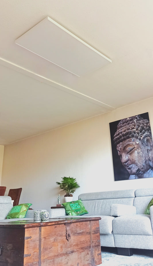 FirTec+® 1300W infraroodpaneel aan plafond gemonteerd in woonkamer met bank, houten salontafel en plant