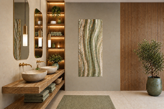 Verticaal geplaatst THERON ART 800W design infraroodpaneel met een luxe groen-bruine marmerlook afbeelding, gemonteerd aan de wand in een moderne, sfeervolle badkamer met houten elementen en natuurstenen waskommen.