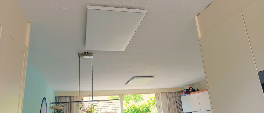 wit infrarood paneel aan plafond in huiskamer als hoofdverwarming