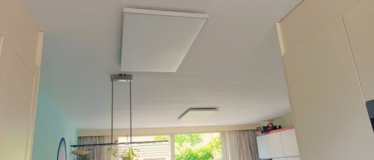 wit infrarood paneel aan plafond in huiskamer als hoofdverwarming