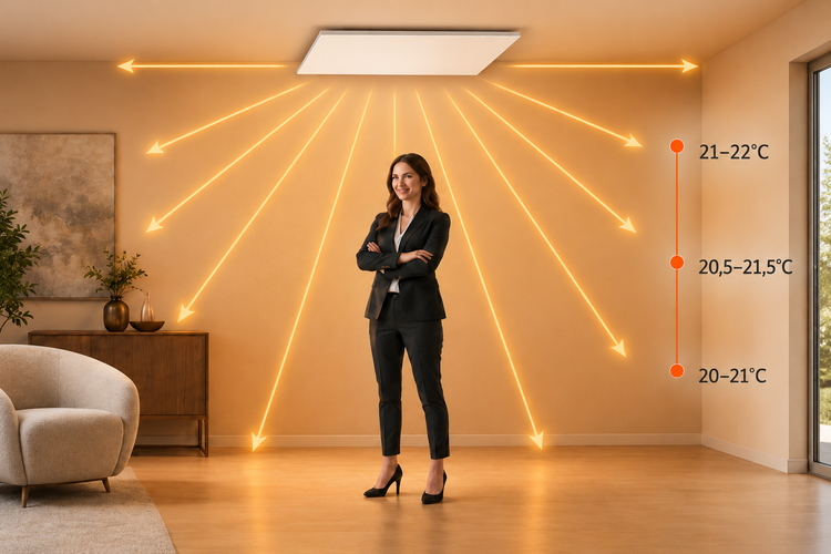 FirTec+ infraroodpaneel aan plafond met warmtespreidingshoek 170®