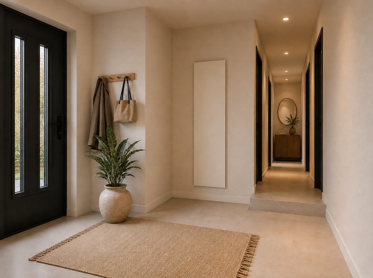 Verticaal gemonteerd glanzend THERON Termopur infraroodpaneel in een moderne, beige gang naast een garderobe en kapstok.