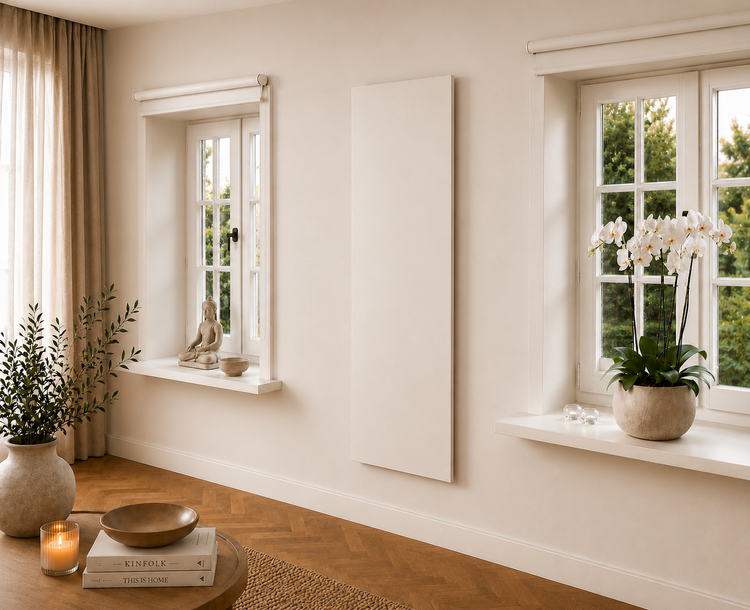 Verticaal gemonteerd THERON Termopur infraroodpaneel met glanzend oppervlak aan een beige wand in een sfeervolle woonkamer met houten ramen, een visgraatvloer en orchidee.