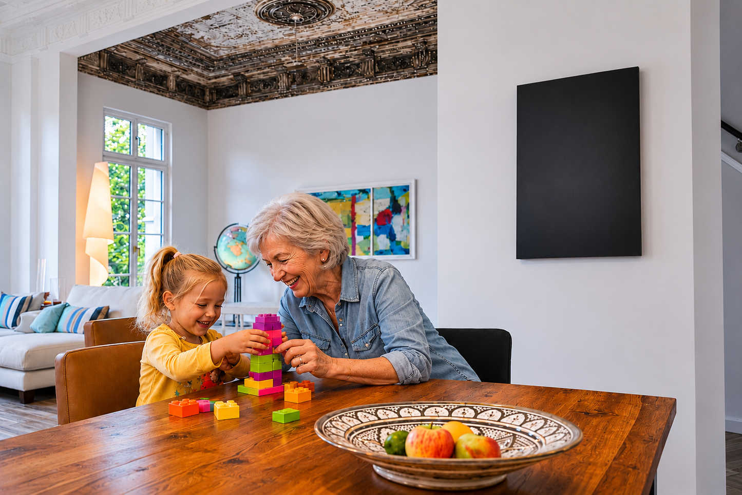 Een verticaal geplaatst zwart gekleurd THERON Color infraroodpaneel aan de wand. 