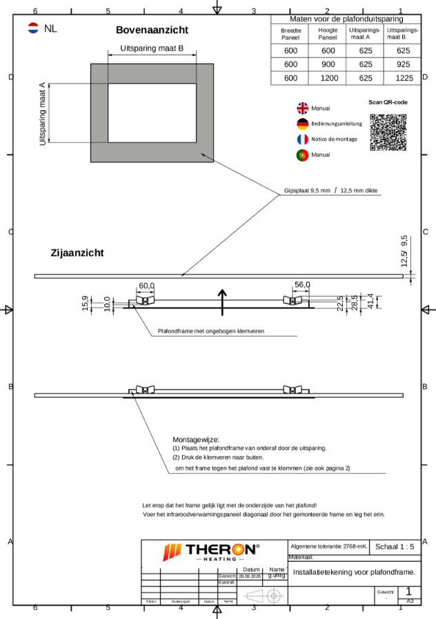 Maattekening van het THERON® inbouwframe voor een infraroodpaneel