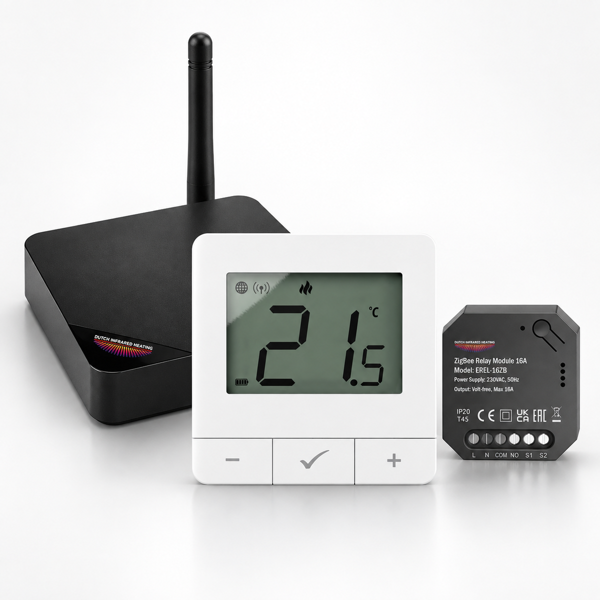 Wifi-Zigbee set met draadloze thermostaat, gateway en 16A-relaismodule voor infraroodverwarming