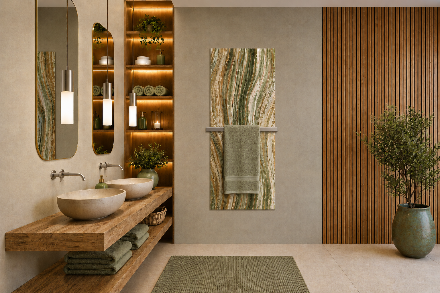 Een rechthoekig THERON Termoluxo ART infraroodpaneel met een groen-bruine marmerlook en een rvs handdoekbeugel aan de wand in een luxe badkamer.