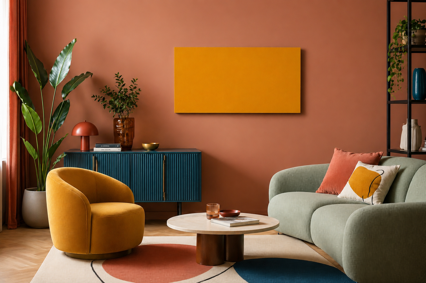 Een horizontaal THERON Color infraroodpaneel aan de muur in een kleur naar wens.
