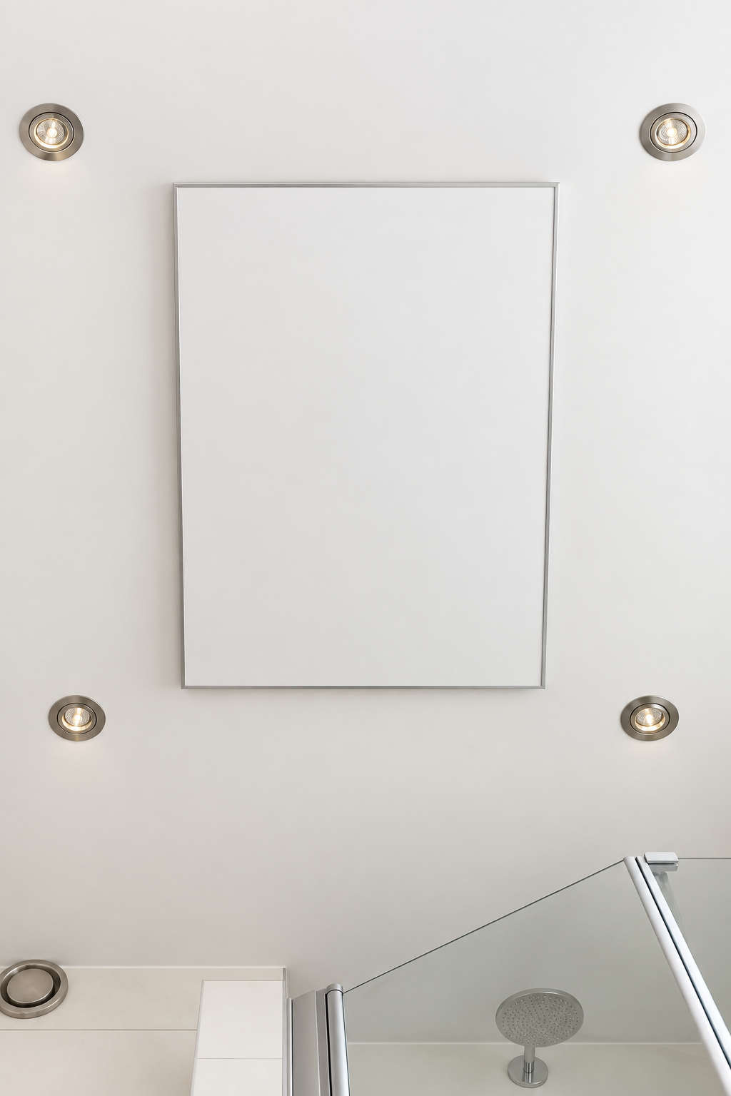 FirTec+® 800W infraroodpaneel 90x60 cm wit met RVS-look lijst aan het badkamerplafond tussen de spots