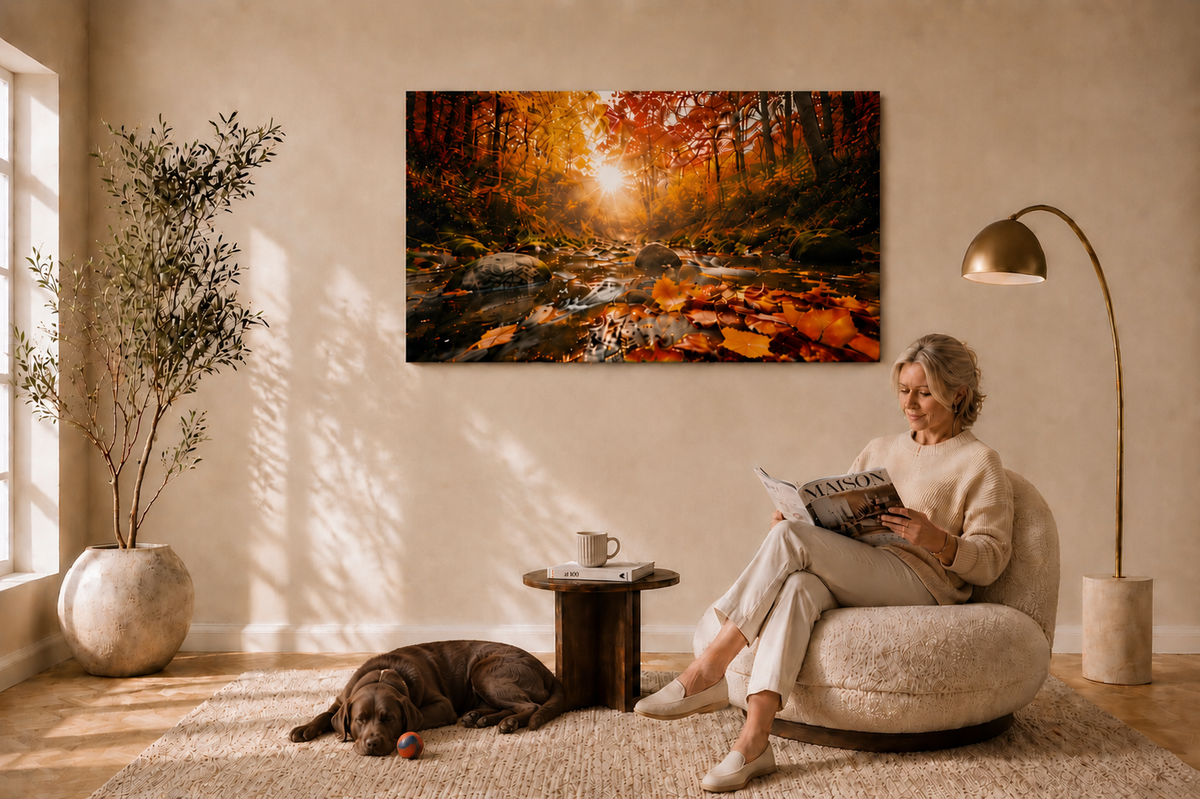 Horizontaal-geplaatst-THERON-ART-800W-design-infraroodpaneel-met-een-sfeervolle-herfst-afbeelding-van-een-bos-met-zonnestralen-gemonteerd-aan-de-wand-in-een-warme-woonkamer-met-een-lezen-vrouw-in-een-fauteuil-en-een-hond-op-het-kleed